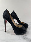 CHRISTIAN LOUBOUTIN Black Calf Hair Altadama Astrakhan Peep Toe Pumps Size 38.5