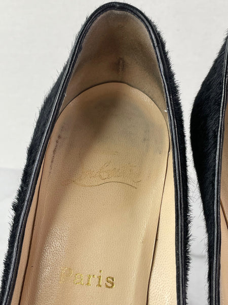 CHRISTIAN LOUBOUTIN Black Calf Hair Altadama Astrakhan Peep Toe Pumps Size 38.5