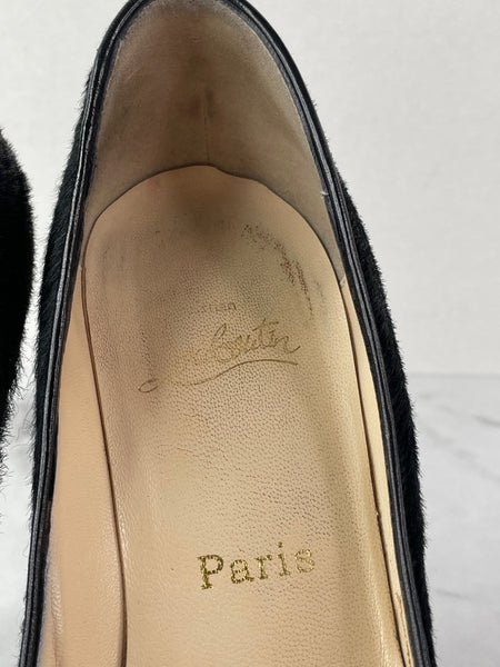 CHRISTIAN LOUBOUTIN Black Calf Hair Altadama Astrakhan Peep Toe Pumps Size 38.5