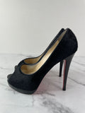 CHRISTIAN LOUBOUTIN Black Calf Hair Altadama Astrakhan Peep Toe Pumps Size 38.5