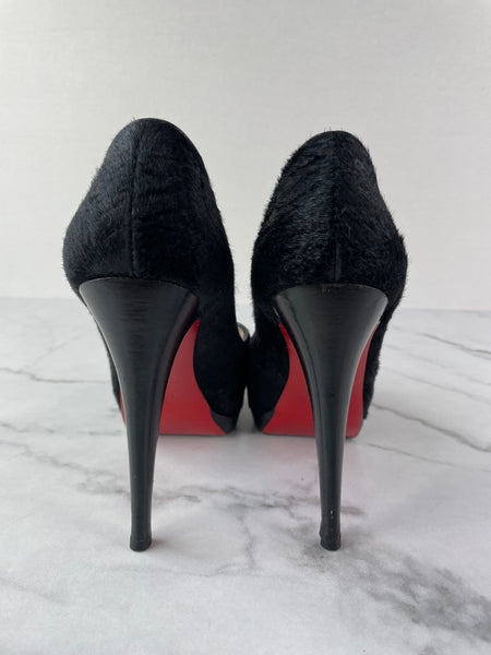 CHRISTIAN LOUBOUTIN Black Calf Hair Altadama Astrakhan Peep Toe Pumps Size 38.5