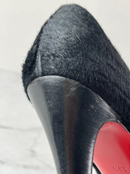 CHRISTIAN LOUBOUTIN Black Calf Hair Altadama Astrakhan Peep Toe Pumps Size 38.5