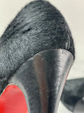 CHRISTIAN LOUBOUTIN Black Calf Hair Altadama Astrakhan Peep Toe Pumps Size 38.5