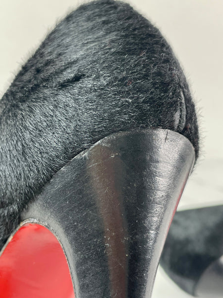 CHRISTIAN LOUBOUTIN Black Calf Hair Altadama Astrakhan Peep Toe Pumps Size 38.5