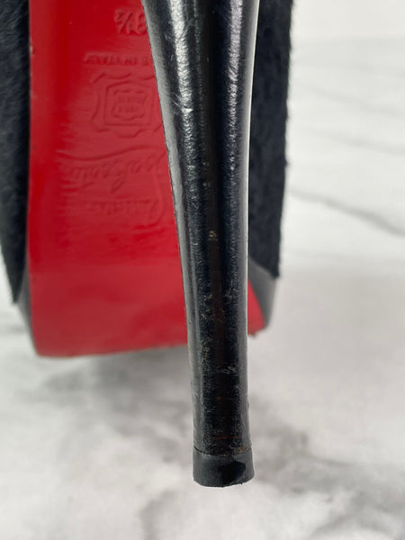 CHRISTIAN LOUBOUTIN Black Calf Hair Altadama Astrakhan Peep Toe Pumps Size 38.5