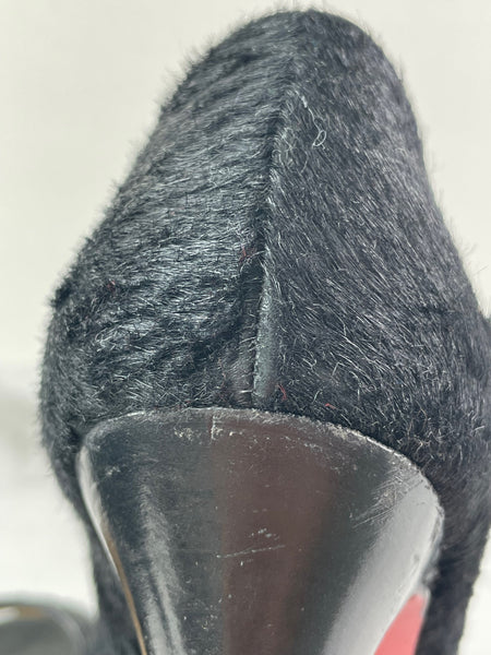 CHRISTIAN LOUBOUTIN Black Calf Hair Altadama Astrakhan Peep Toe Pumps Size 38.5