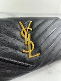 SAINT LAURENT BLACK CASSANDRE MATELASSÉ LARGE FLAP WALLET IN GRAIN DE POUDRE LEATHER