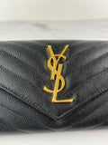 SAINT LAURENT BLACK CASSANDRE MATELASSÉ LARGE FLAP WALLET IN GRAIN DE POUDRE LEATHER