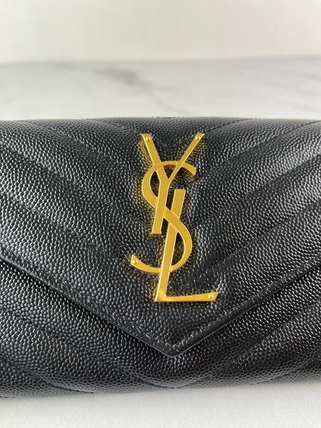 SAINT LAURENT BLACK CASSANDRE MATELASSÉ LARGE FLAP WALLET IN GRAIN DE POUDRE LEATHER
