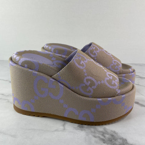 GUCCI Beige Lapis (light purple) Monogram Jumbo GG Platform Slide Wedge Sandals Size 38