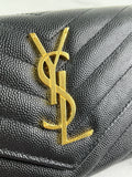 SAINT LAURENT BLACK CASSANDRE MATELASSÉ LARGE FLAP WALLET IN GRAIN DE POUDRE LEATHER
