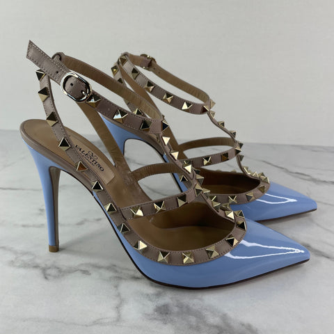 Valentino Popeline Blue/Poudre Rockstud Caged Pumps Size 39.5