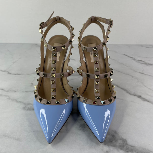 Valentino Popeline Blue/Poudre Rockstud Caged Pumps Size 39.5