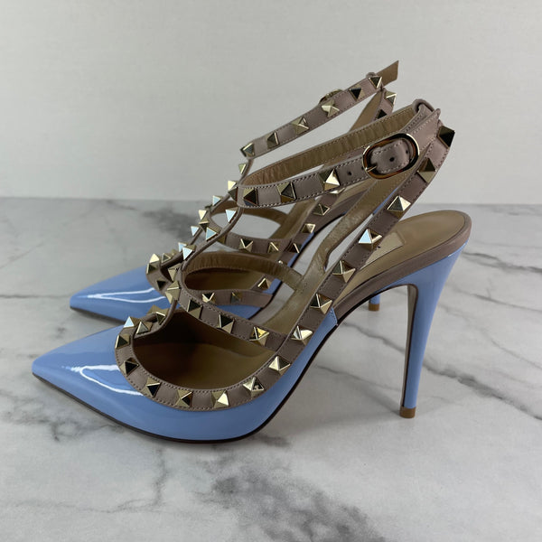 Valentino Popeline Blue/Poudre Rockstud Caged Pumps Size 39.5