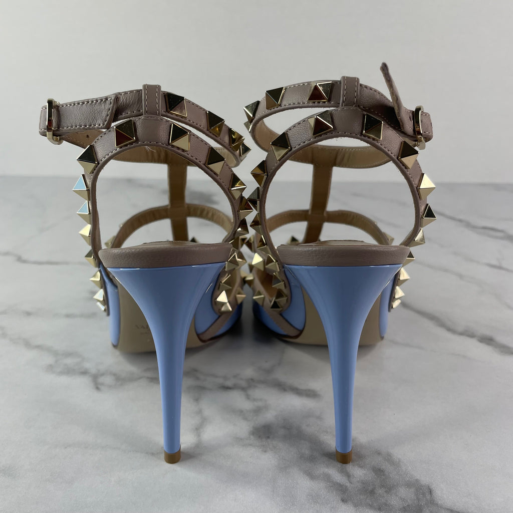 Valentino Popeline Blue/Poudre Rockstud Caged Pumps Size