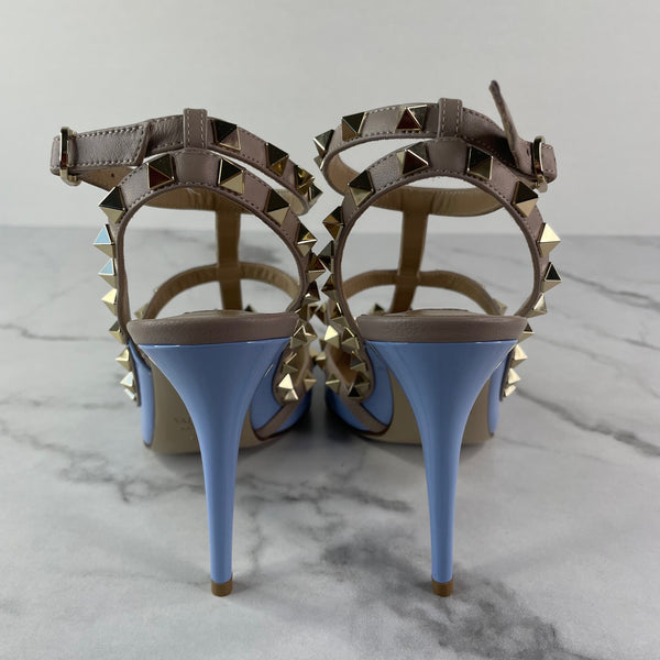 Valentino Popeline Blue/Poudre Rockstud Caged Pumps Size 39.5