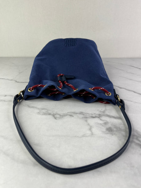 MIU MIU Canvas Gabardine Pouch Bucket Shoulder Bag in Indaco and Amaranto