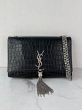 SAINT LAURENT Black Calfskin Crocodile Embossed Medium Classic Monogram Kate Tassel Crossbody/Shoulder Bag