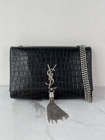 SAINT LAURENT Black Calfskin Crocodile Embossed Medium Classic Monogram Kate Tassel Crossbody/Shoulder Bag