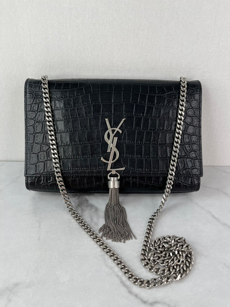 SAINT LAURENT Black Calfskin Crocodile Embossed Medium Classic Monogram Kate Tassel Crossbody/Shoulder Bag
