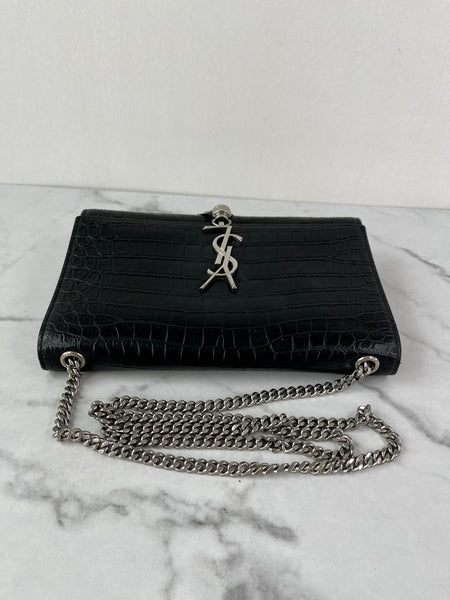 SAINT LAURENT Black Calfskin Crocodile Embossed Medium Classic Monogram Kate Tassel Crossbody/Shoulder Bag