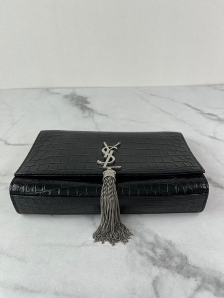 SAINT LAURENT Black Calfskin Crocodile Embossed Medium Classic Monogram Kate Tassel Crossbody/Shoulder Bag