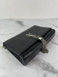 SAINT LAURENT Black Calfskin Crocodile Embossed Medium Classic Monogram Kate Tassel Crossbody/Shoulder Bag