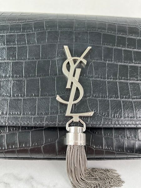 SAINT LAURENT Black Calfskin Crocodile Embossed Medium Classic Monogram Kate Tassel Crossbody/Shoulder Bag