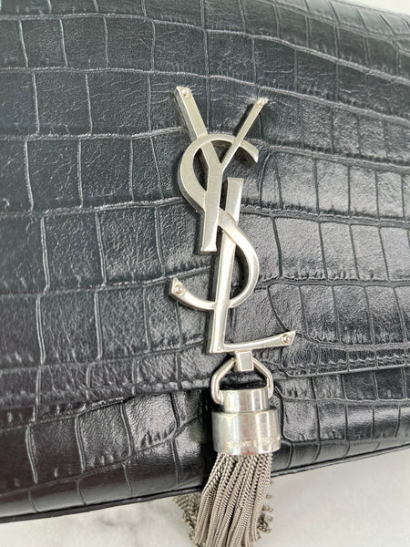 SAINT LAURENT Black Calfskin Crocodile Embossed Medium Classic Monogram Kate Tassel Crossbody/Shoulder Bag