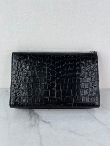 SAINT LAURENT Black Calfskin Crocodile Embossed Medium Classic Monogram Kate Tassel Crossbody/Shoulder Bag