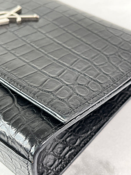 SAINT LAURENT Black Calfskin Crocodile Embossed Medium Classic Monogram Kate Tassel Crossbody/Shoulder Bag