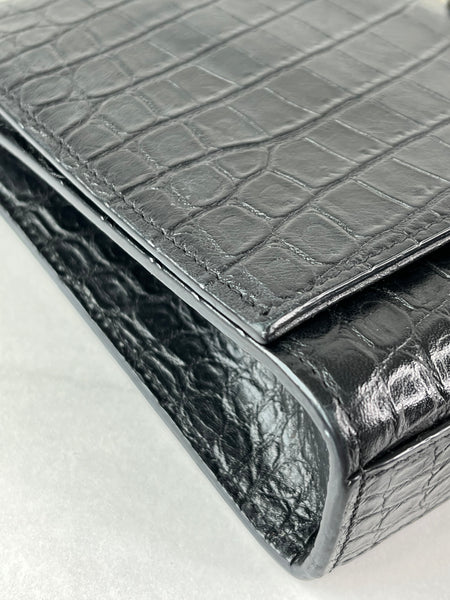 SAINT LAURENT Black Calfskin Crocodile Embossed Medium Classic Monogram Kate Tassel Crossbody/Shoulder Bag
