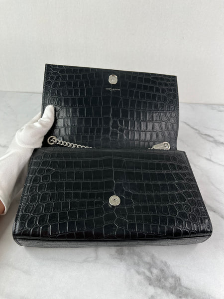 SAINT LAURENT Black Calfskin Crocodile Embossed Medium Classic Monogram Kate Tassel Crossbody/Shoulder Bag
