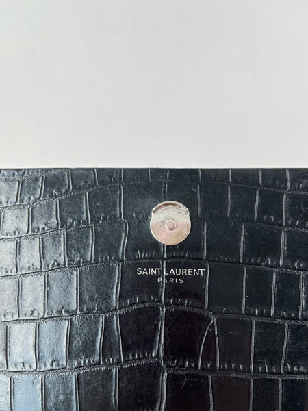 SAINT LAURENT Black Calfskin Crocodile Embossed Medium Classic Monogram Kate Tassel Crossbody/Shoulder Bag
