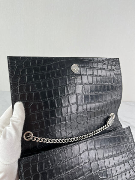 SAINT LAURENT Black Calfskin Crocodile Embossed Medium Classic Monogram Kate Tassel Crossbody/Shoulder Bag