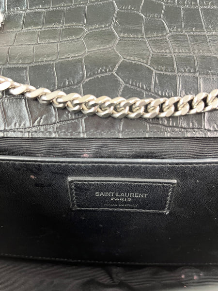 SAINT LAURENT Black Calfskin Crocodile Embossed Medium Classic Monogram Kate Tassel Crossbody/Shoulder Bag