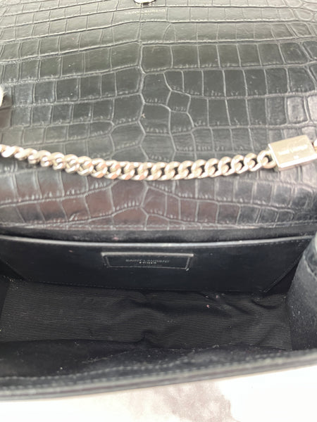 SAINT LAURENT Black Calfskin Crocodile Embossed Medium Classic Monogram Kate Tassel Crossbody/Shoulder Bag
