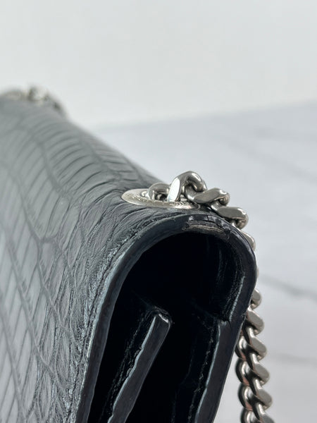 SAINT LAURENT Black Calfskin Crocodile Embossed Medium Classic Monogram Kate Tassel Crossbody/Shoulder Bag