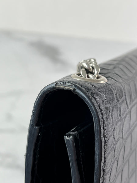 SAINT LAURENT Black Calfskin Crocodile Embossed Medium Classic Monogram Kate Tassel Crossbody/Shoulder Bag