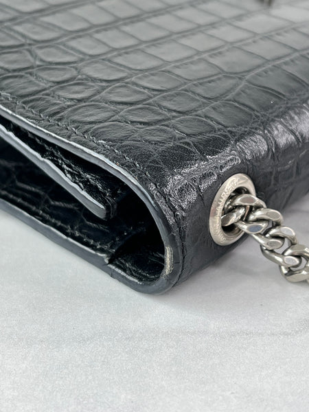 SAINT LAURENT Black Calfskin Crocodile Embossed Medium Classic Monogram Kate Tassel Crossbody/Shoulder Bag