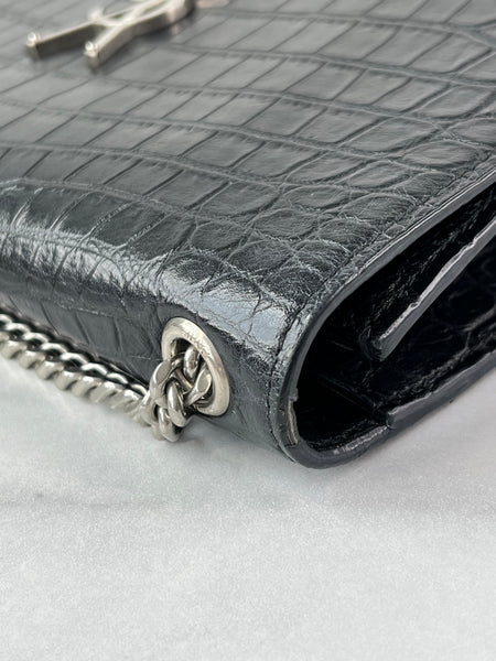 SAINT LAURENT Black Calfskin Crocodile Embossed Medium Classic Monogram Kate Tassel Crossbody/Shoulder Bag