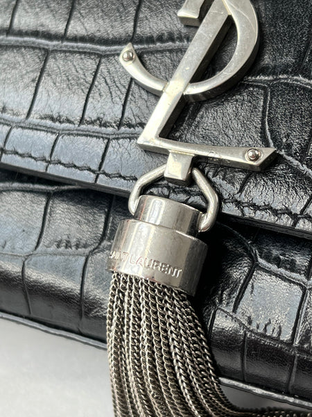 SAINT LAURENT Black Calfskin Crocodile Embossed Medium Classic Monogram Kate Tassel Crossbody/Shoulder Bag