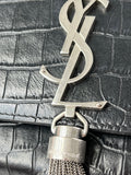 SAINT LAURENT Black Calfskin Crocodile Embossed Medium Classic Monogram Kate Tassel Crossbody/Shoulder Bag