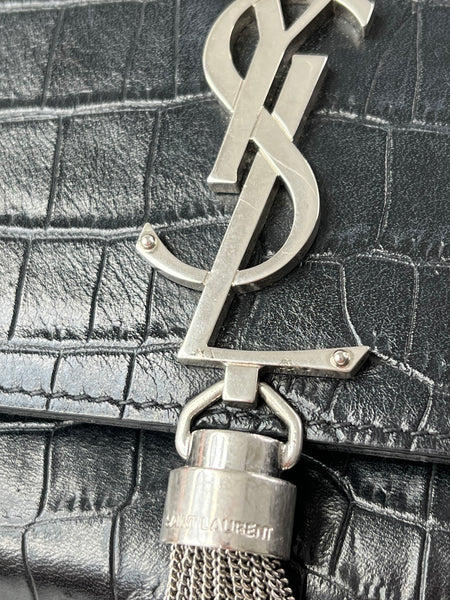 SAINT LAURENT Black Calfskin Crocodile Embossed Medium Classic Monogram Kate Tassel Crossbody/Shoulder Bag