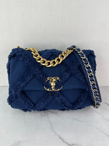 CHANEL Navy Blue Cotton Canvas Quilted Small/Medium Chanel 19 Flap Shoulder/Crossbody Bag