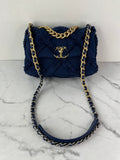 CHANEL Navy Blue Cotton Canvas Quilted Small/Medium Chanel 19 Flap Shoulder/Crossbody Bag