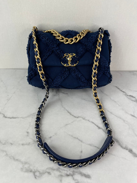CHANEL Navy Blue Cotton Canvas Quilted Small/Medium Chanel 19 Flap Shoulder/Crossbody Bag