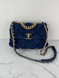 CHANEL Navy Blue Cotton Canvas Quilted Small/Medium Chanel 19 Flap Shoulder/Crossbody Bag
