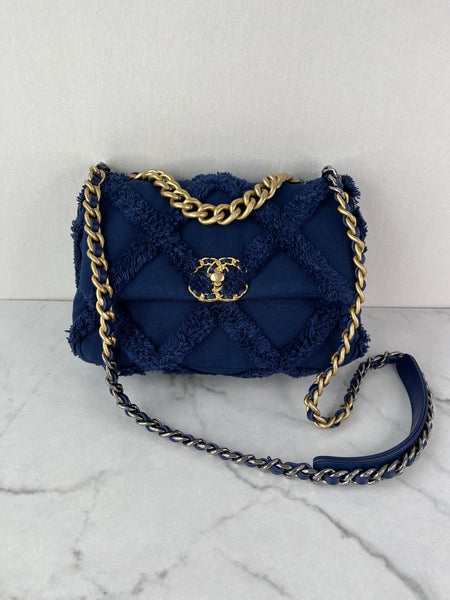 CHANEL Navy Blue Cotton Canvas Quilted Small/Medium Chanel 19 Flap Shoulder/Crossbody Bag