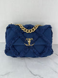 CHANEL Navy Blue Cotton Canvas Quilted Small/Medium Chanel 19 Flap Shoulder/Crossbody Bag